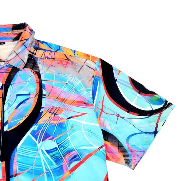 Mens 1XL Button-Up Short-Sleeve Vibrant Music Note Multicolor Abstract Print - Picture 7 of 12